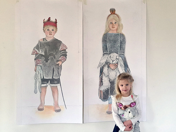 Egbarta 2022 Bjarke en Lene-Mare, 2022, 140 x 70 cm, grafiet, pastel, houtskool